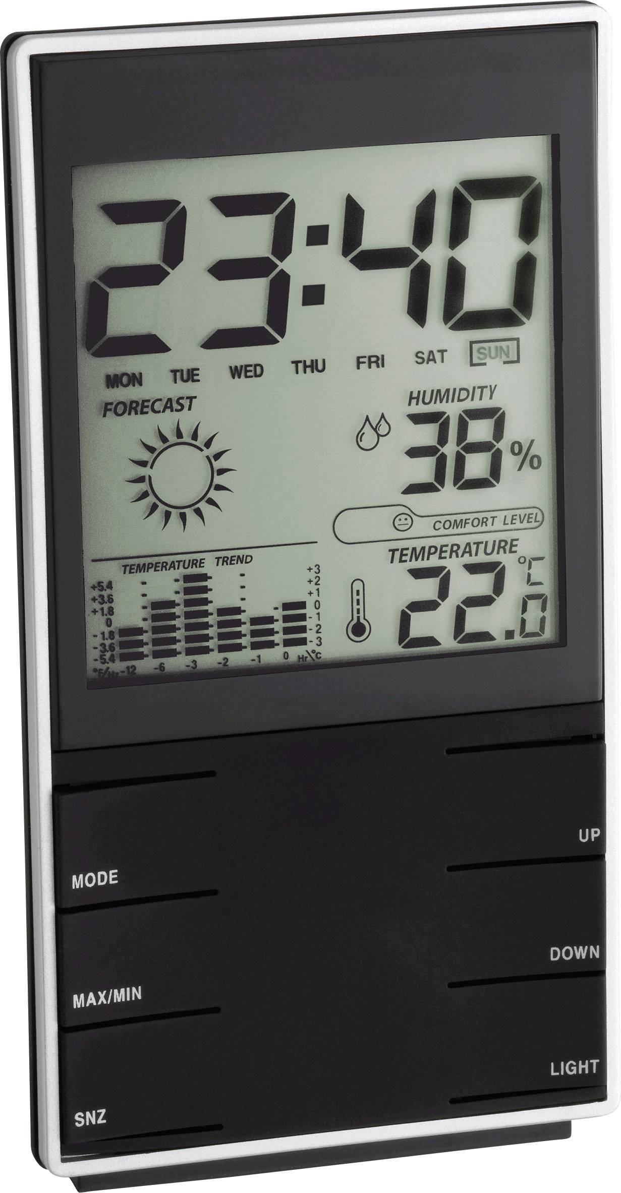 Digitalni sat s meteorološkom stanicom. Prikazuje vrijeme, dan u tjednu, temperaturu, vlažnost zraka i vremensku prognozu. Crno kućište.