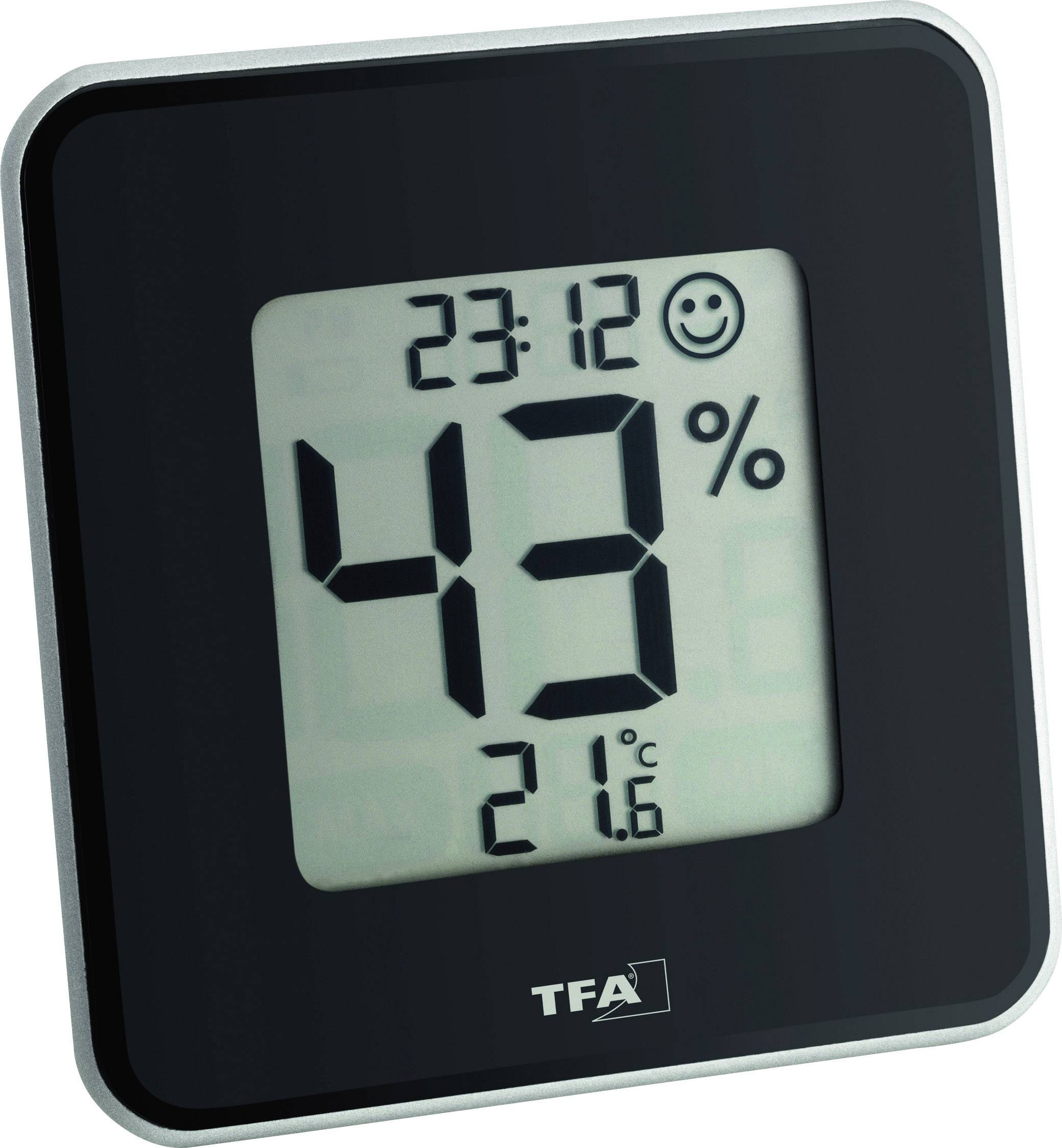 Digitalni higrometar prikazuje 43% vlažnosti zraka, 23:12 sati, 21,6°C i smiješak na crnom zaslonu.