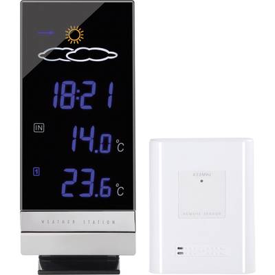 Meteorološka stanica s digitalnim prikazom pokazuje 18:21 sati, 14,0 °C unutra i 23,6 °C vani. Pored nje je jedinica za daljinski senzor.