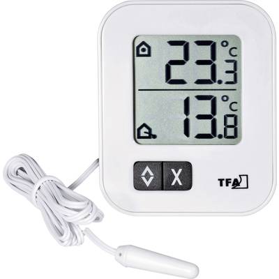 Digitalni termometar s dva prikaza: gornji pokazuje 23,3°C za unutarnji prostor, donji pokazuje 13,6°C za vanjski senzor; upravljački gumbi na dnu.