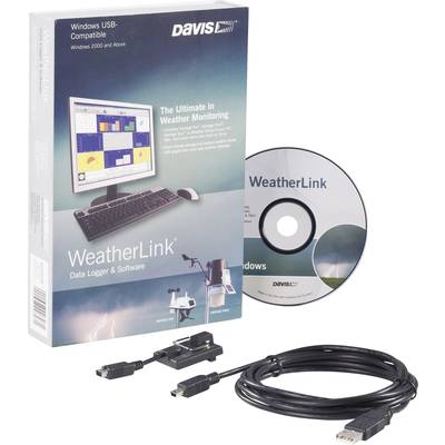 Programska oprema 'WeatherLink' s CD-om i USB kabelom za praćenje vremena. Prikazuje primjere prikaza zaslona i dijagrame postavljanja.