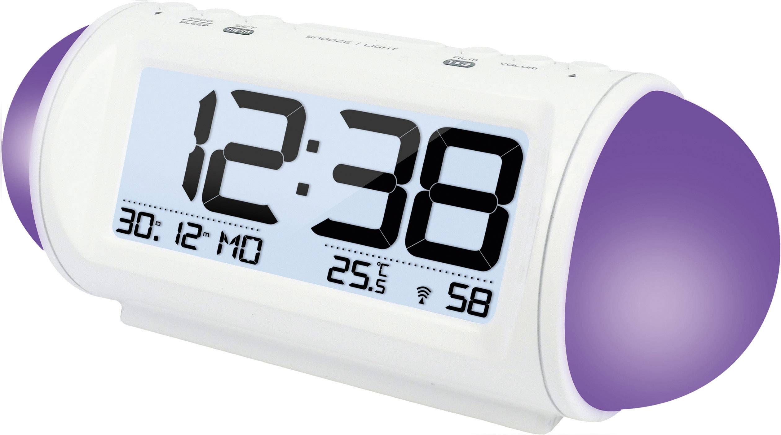 Digitalni sat s velikim zaslonom prikazuje vrijeme 12:38. Dolje su datum 30.12 PO, temperatura 25,5°C i vlažnost 58%.