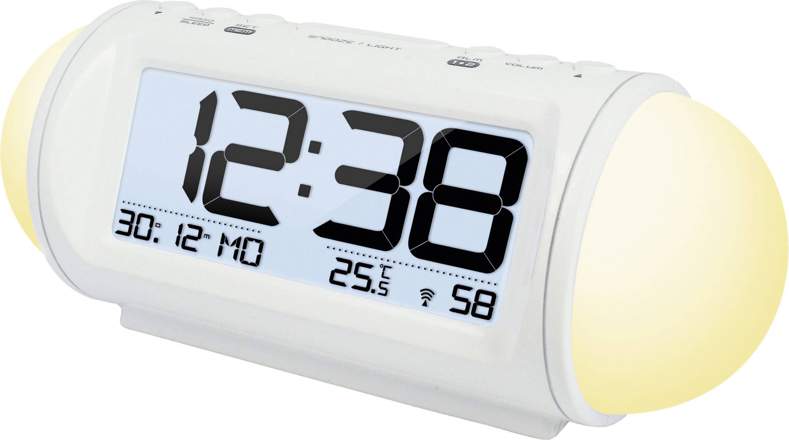 Digitalni sat s velikom prikazom vremena '12:38', datum '30·12 PO', prikaz temperature '25,5°C' i WLAN simbolom.