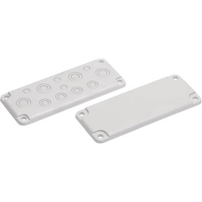 Dvije bijele pravokutne plastične poklopce, jedna s izvadivim krugovima, druga glatka, obje s rupama za vijke u uglovima.