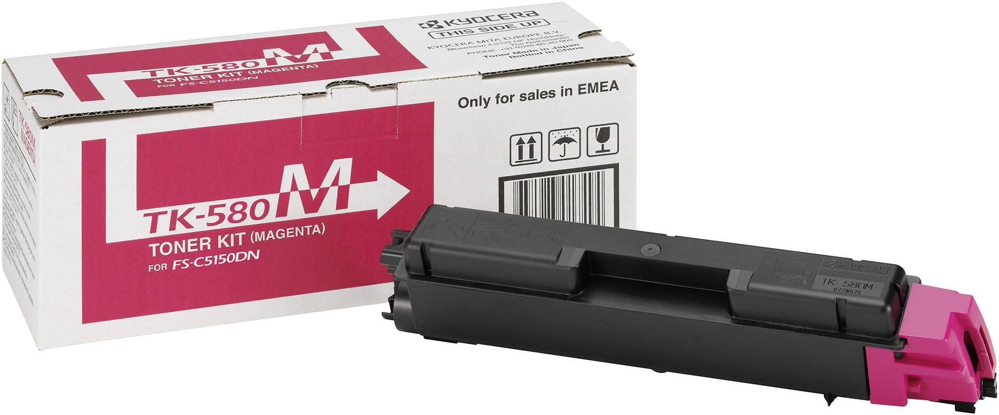 Komplet punjenja tonera Kyocera TK-580M u magenti boji ispred pakiranja. Isključivo za prodaju u EMEA regiji.