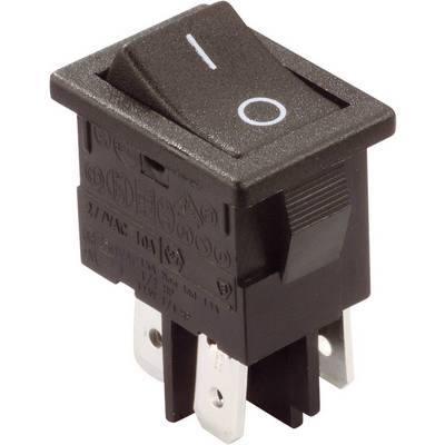 Crni preklopni prekidač u isključenom položaju, prikazuje simbole i tehničke specifikacije; često se koristi u elektroničkim uređajima.
