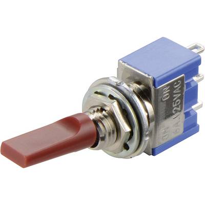 Crveni klapni prekidač s metalnim navojem i plavim kućištem, pogodan za električne sklopove do 6A i 125V.