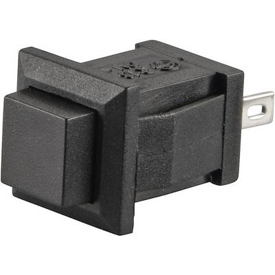Crni plastični prekidač pravokutnog oblika s dva metalna kontakta na poleđini.