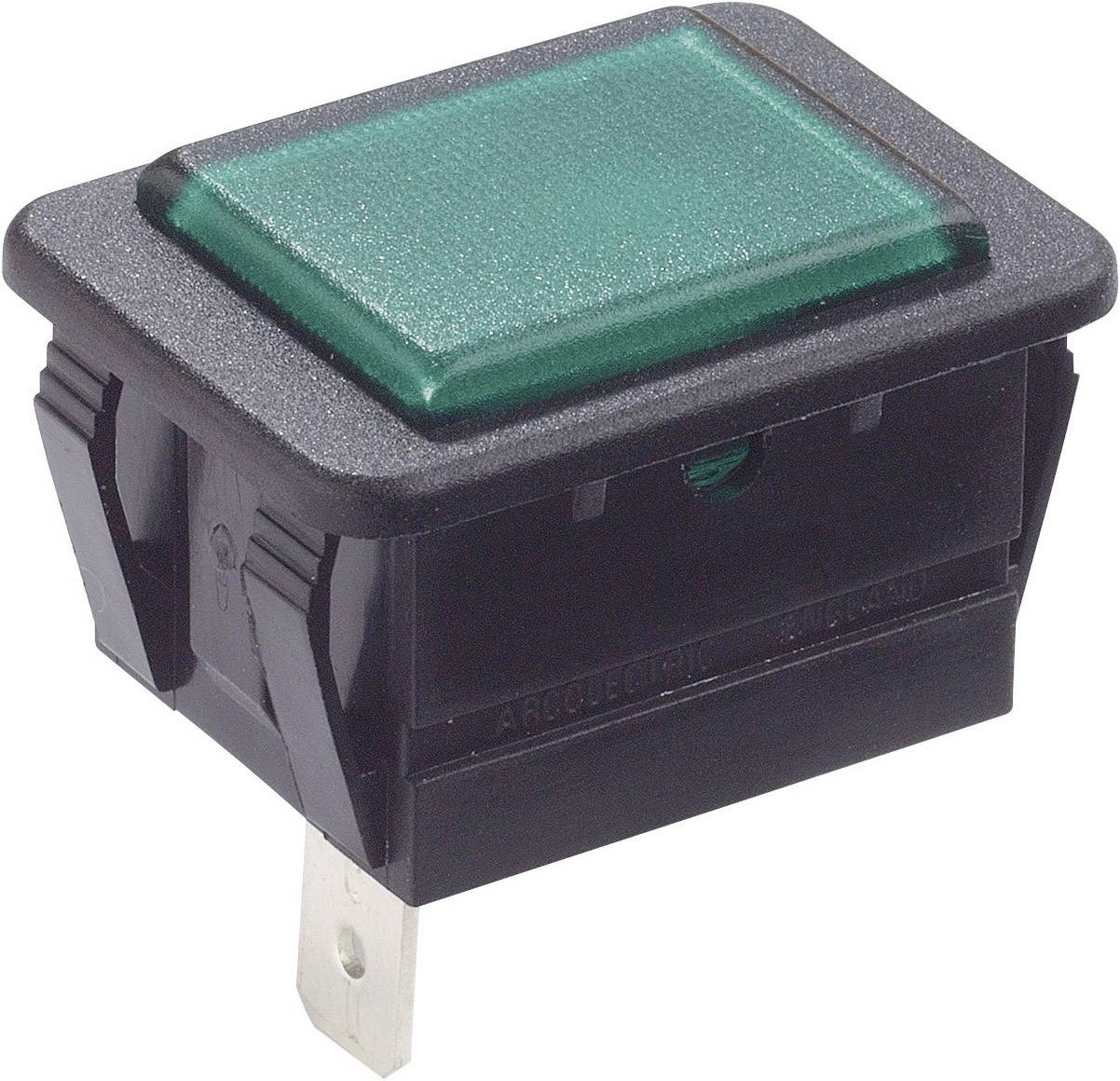 Crni klizni prekidač s zelenim pravokutnikom na vrhu, uključen. Koristi se za upravljanje električnim uređajima.
