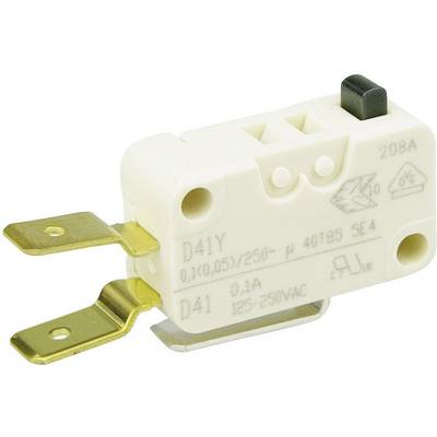 Bijeli mikroprekidač s dva zlatna metalna priključka i crnom tipkom, pogodan za 125-250V AC, 0,1A.