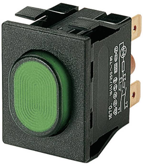 Pravokutni zeleni tipkasti prekidač s dva utična kontakta, pogodan za električne uređaje ili razvodne ormare.