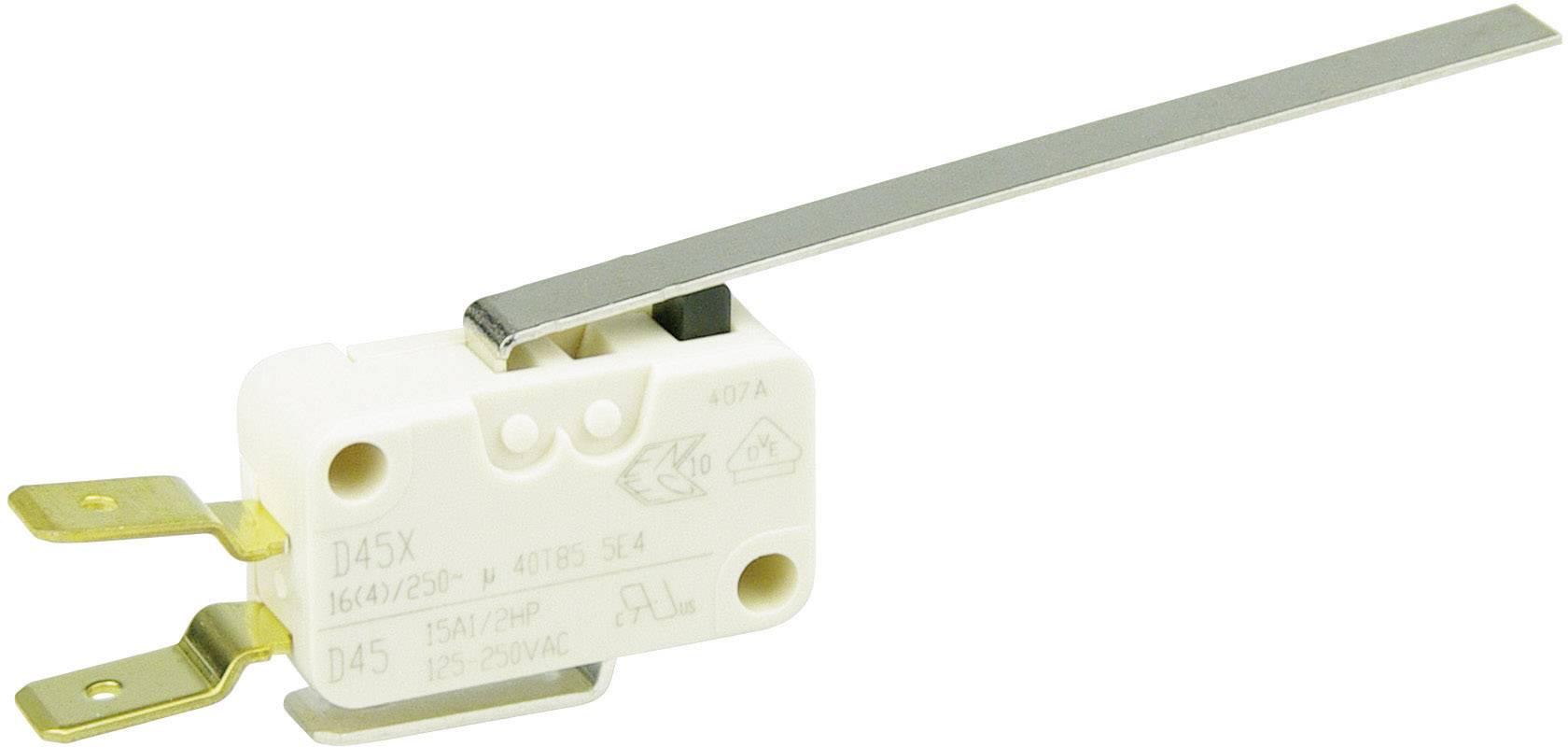 Sklopka s metalnom polugom, bijelućastim kućištem i dva metalna priključka. Pogodan za električne primjene.