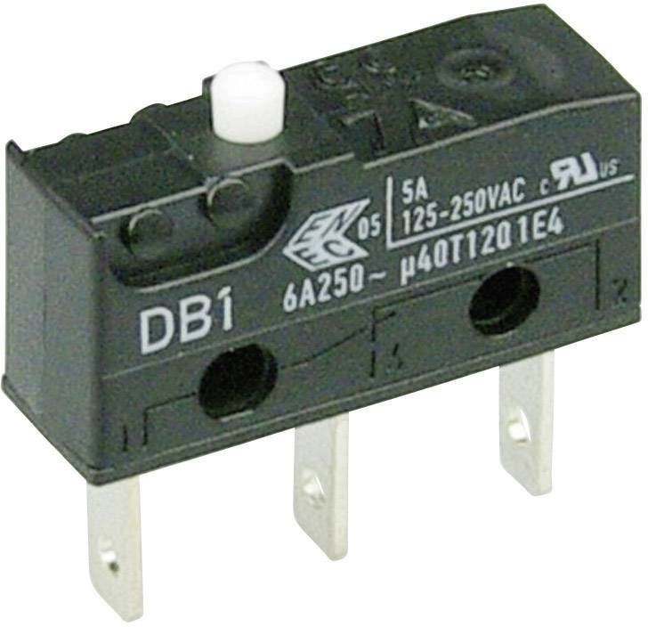 Crni mikroprekidač s bijelom tipkom i tri metalna priključka. Oznaka: 'DB1', '6A 250V', '5A 125-250VAC'.