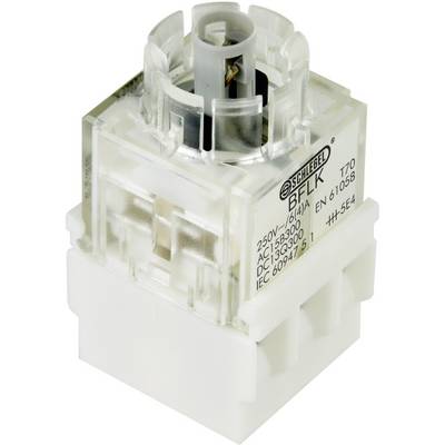 Električki tipkač s natpisom '250V/6A/AC15... EN 61058' od Schlegela. Prozirno kućište, cilindričnog središnjeg dijela.