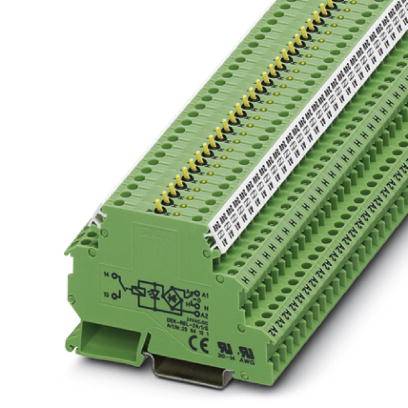 Zeleni redni stezaljni modul s više priključnih stezaljki, pogodan za distribuciju električnih signala u razvodnim ormarima.
