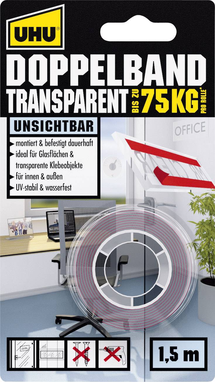Dvostrani prozirni lepljivi trak, nosivosti do 75 kg, idealan za staklene površine, otporan na UV zrake, duljine 1,5 m, prikazuje primjere upotrebe.