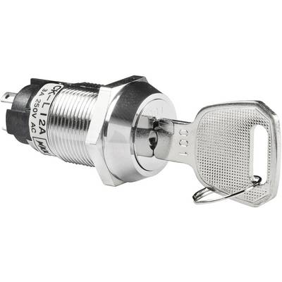 Metalni ključni prekidač cilindričnog oblika. Natpis na cilindru: '3A 250V AC'. Ključ je umetnut u bravu.