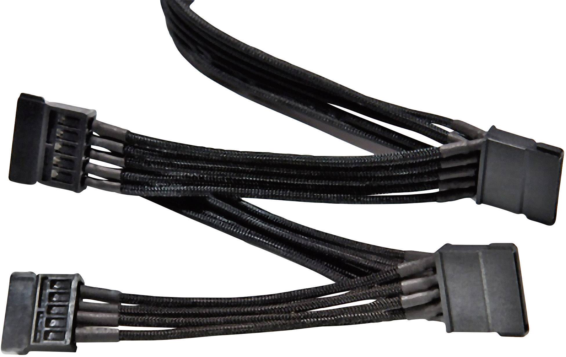 Crni SATA električni kabel s više utikača na oba kraja, korišten za povezivanje računalnih pogona s napajanjem.