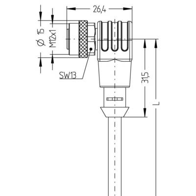 Tehnički nacrt priključka s M12x1 navojem, duljine 26,4 mm, promjera Ø 15 mm. Označena duljina i SW13.