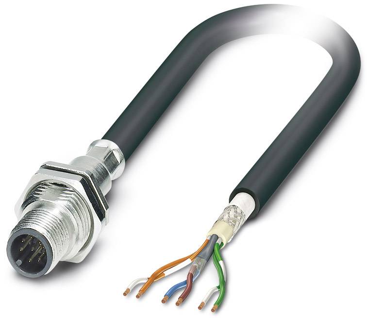 Crni kabel s metalnim utičem na jednom kraju, pokazuje obojene žice koje vire iz otvorenog kraja.