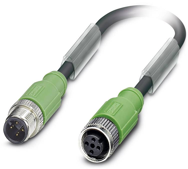 Zeleni M12 kabel za spajanje s jednim krajem s iglicama i jednim krajem s utičnicama. Pogodan za industrijske primjene.
