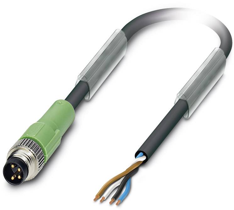 Zeleni, okrugli M12 kabel za spajanje s otvorenim krajem koji prikazuje četiri gole žice: smeđa, plava, crna i bijela.