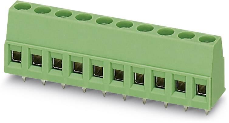 Zeleni blok konektora s deset priključnih stezaljki, pogodan za električno ožičenje i montažu na tiskanu pločicu.