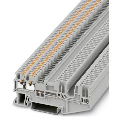 Sivi električni redni stezaljki blok s narančastim oznakama, korišten u ormarićima za električne razvode za spajanje vodova.