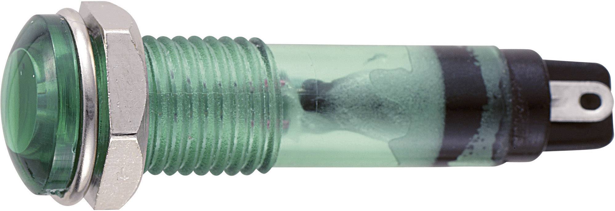 Zeleni, cilindarski pritisni prekidač s metalnim prstenom i crnim priključkom na kraju, pogodan za električno upravljanje.