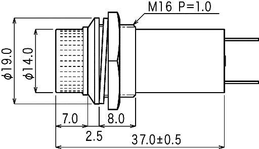 Tehnički nacrt cilindričnog dijela s navojem M16 P=1.0. Dimenzije: promjer 19,0, 14,0; duljina 37,0±0,5, ostale mjere 7,0, 8,0, 2,5.