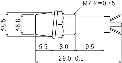 Tehnički nacrt cilindričnog utikača s dimenzijama: duljina 29 mm, širina 9,5 mm straga, širina 6,8 mm sprijeda, navoj M7 P=0,75.