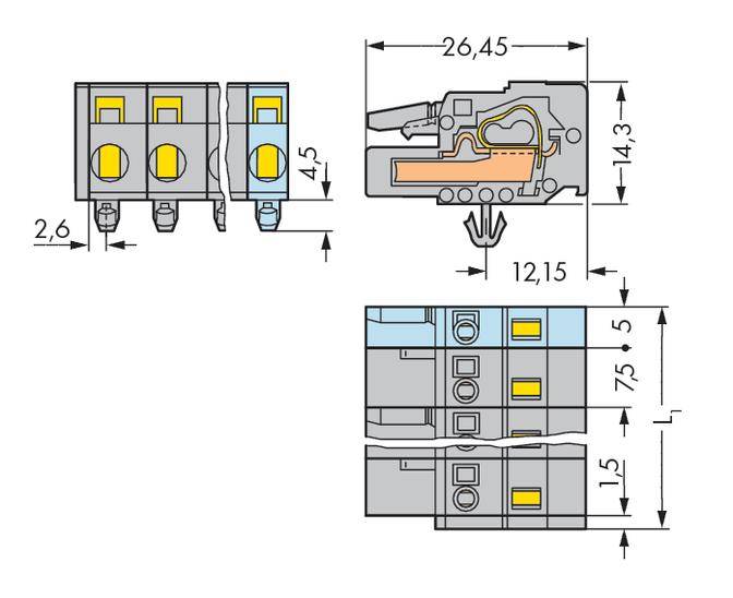 Tehnički nacrt konektora s dimenzijama: 26,45 mm duljine, 14,3 mm visine, 12,15 mm dubine i 7,5 mm širine.