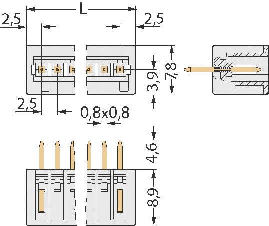 Nacrt električkog konektora s dimenzijskim oznakama. Glavne mjere: L, 2,5 mm, 3,9 mm, 4,6 mm, 7,8 mm i 8,9 mm. Pogled odozgo i presjek.