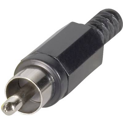 Crni RCA priključak s metalnim vrhom, korišten za audio i video povezivanje.
