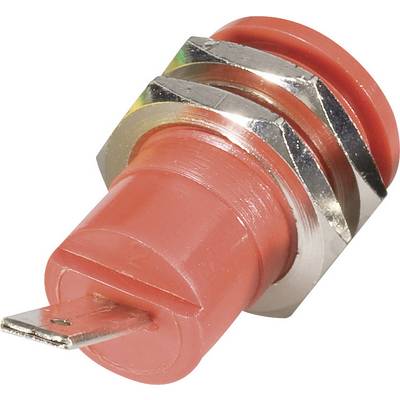 Crveni, cilindrični pritisni gumb izrađen od metala i plastike, često korišten za električne spojeve i sklopove.