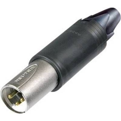 Crni XLR utikač s metalnim kućištem i tri zlatne kontaktne površine, tipično korišten za audio povezivanje.