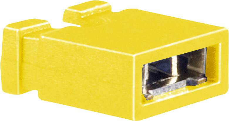 Žuti USB-B utikač, pravokutnog oblika, pogled na otvor priključka sprijeda, detaljan snimak.
