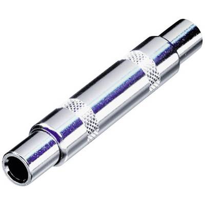 Srebrni metalni adapter s nazubljenim rubovima koji povezuje dva kraja audio kabela.