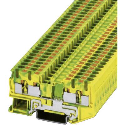 Žuto-zeleno prugasti električni redni stezaljka blok, prikazuje višeslojne priključke za žičanje, koristi se u razvodnim ormarima.