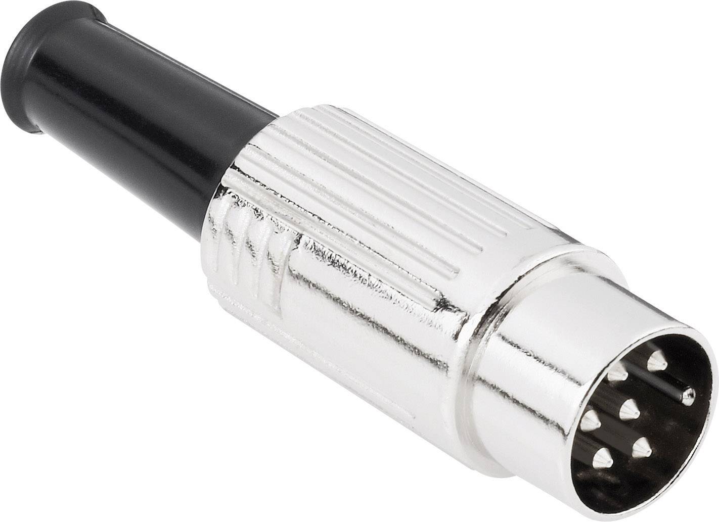 Metalni utikač s nekoliko pinova, korišten za audio ili elektroničke priključke, na bijeloj pozadini.
