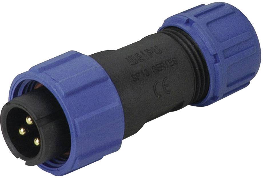 Plavi i crni, vodootporni električni utični adapter s tri zlatne PIN-ove, pogodan za industrijske primjene.