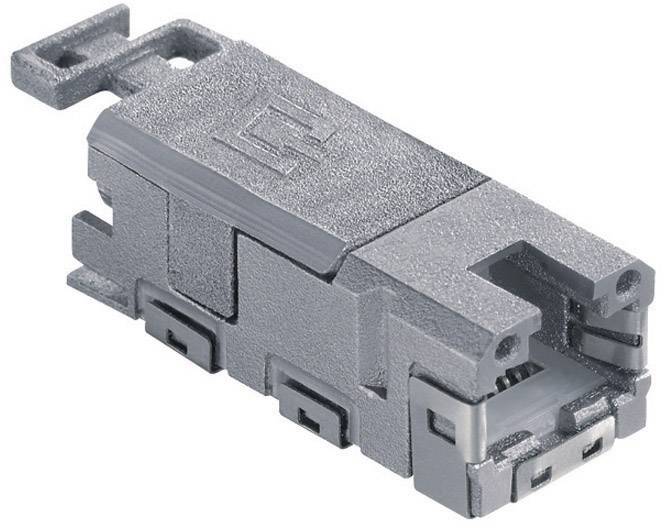Sivi mehanički konektor pravokutnog oblika, korišten u električnim sklopovima za spajanje komponenata.
