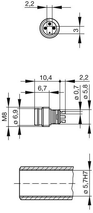 Tehnički nacrt konektora s M8 navojem. Sadrži mjere u milimetrima, poput promjera 6,9 i 5,7 mm.