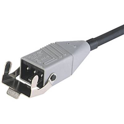 Sivi mrežni kabel s pravokutnim utikačem, dva metalna kuke sa strana za učvršćivanje.