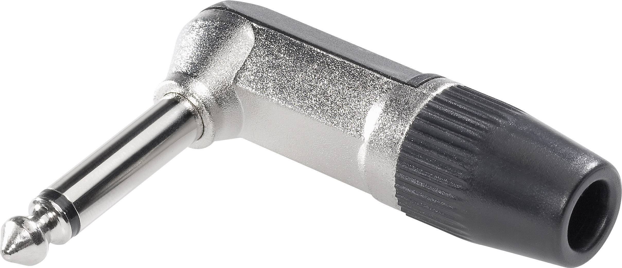 Metalni adapter pravog kuta za klinker s crnim plastičnim kućištem, pogodan za spajanje audio kabela u uskim prostorima.