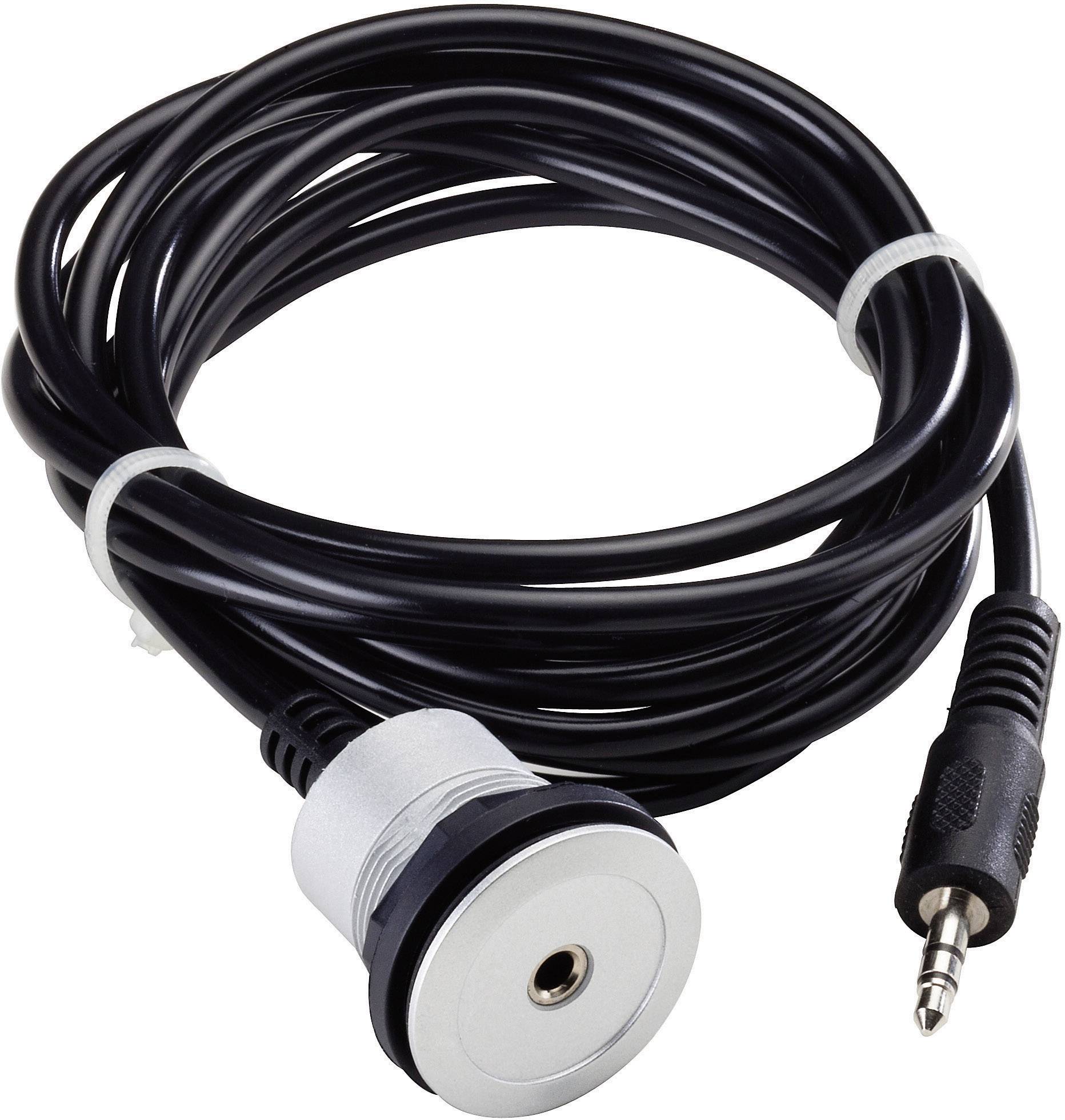 Crni audio kabel sa srebrnim priključkom na jednoj strani i 3,5-mm utikačem na drugoj strani, namotani u rolnu.
