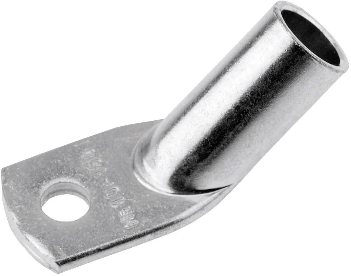 Metalni kabelski papučica s rupom za učvršćivanje. Blago je zakrivljen i napravljen od sjajnog metala.