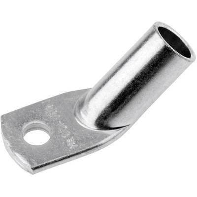Metalni kabelski papučica s rupom za učvršćivanje. Blago je zakrivljen i napravljen od sjajnog metala.