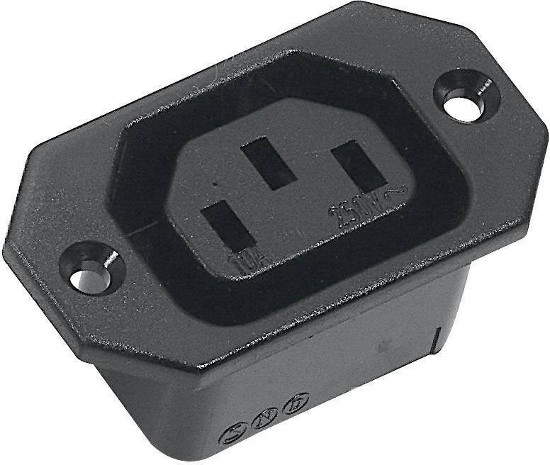 Crna utičnica za uređaje sa dva otvora i srednjom pukotinom, pogodna za kabelske spojeve u elektroničkim uređajima.