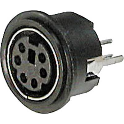 Crni Mini-DIN utikač s više pinova i metalnim spojevima, često korišten za povezivanje u potrošačkoj elektronici.